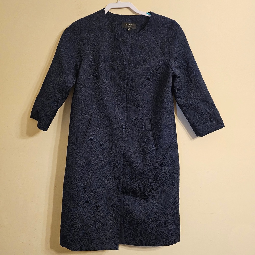 Talbots Paisley Jacquard Coat Womens 4P Navy Blue Collarless Snap Front 3/4 Slv